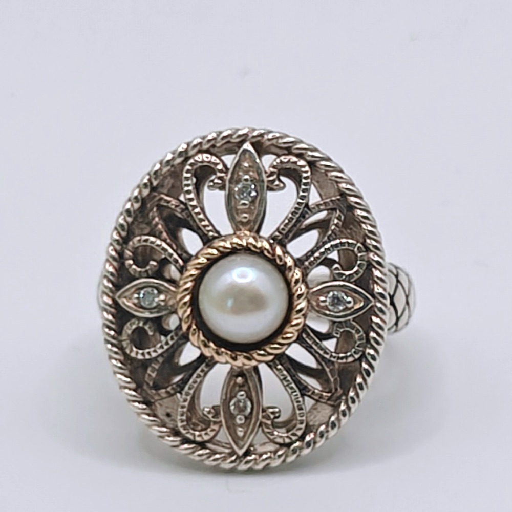 Signed Thailand 925 Sterling Silver 14K Gold Real Pearl Filigree Statement Ring